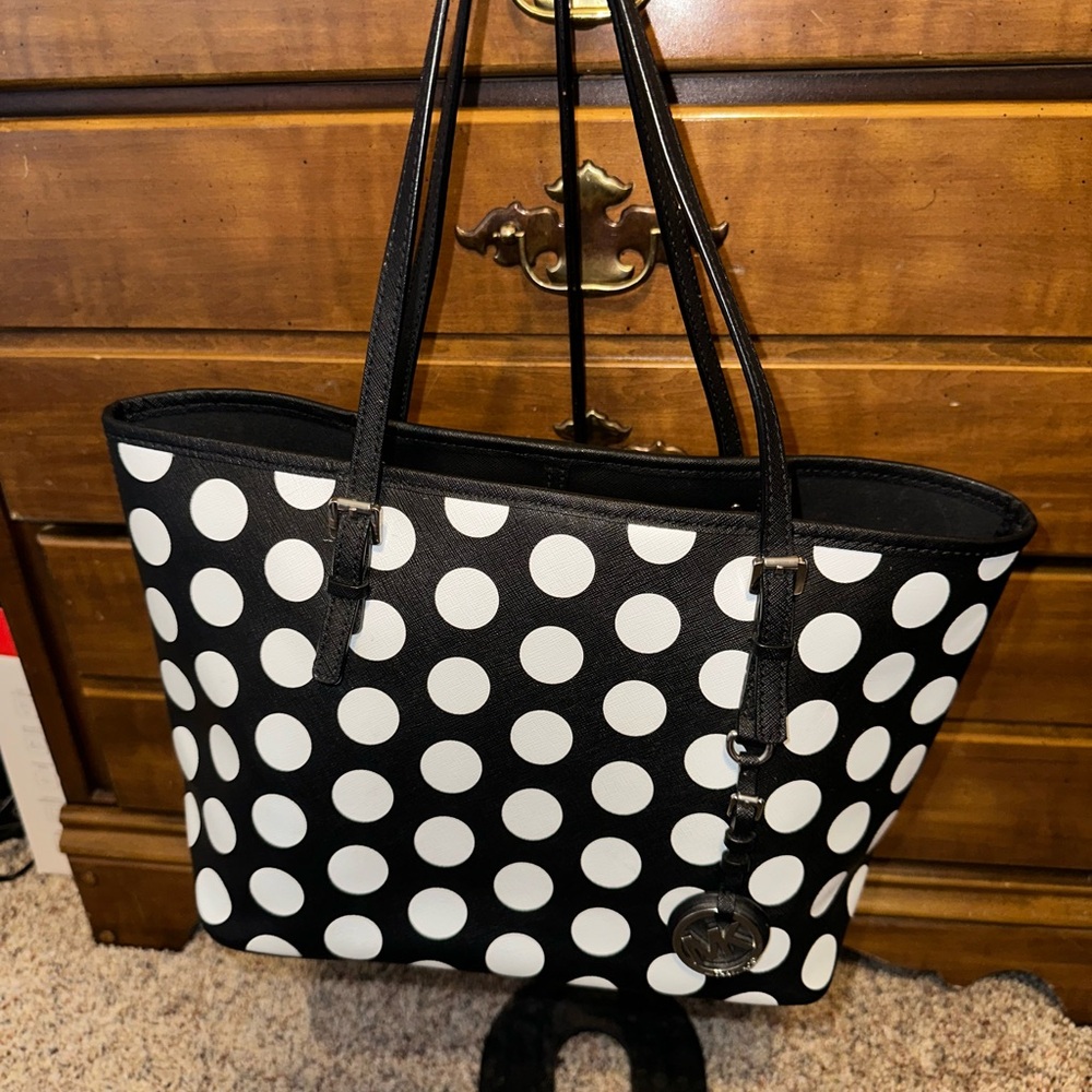 Michael Kors Black and White Polka Dot Tote with Logo Charm